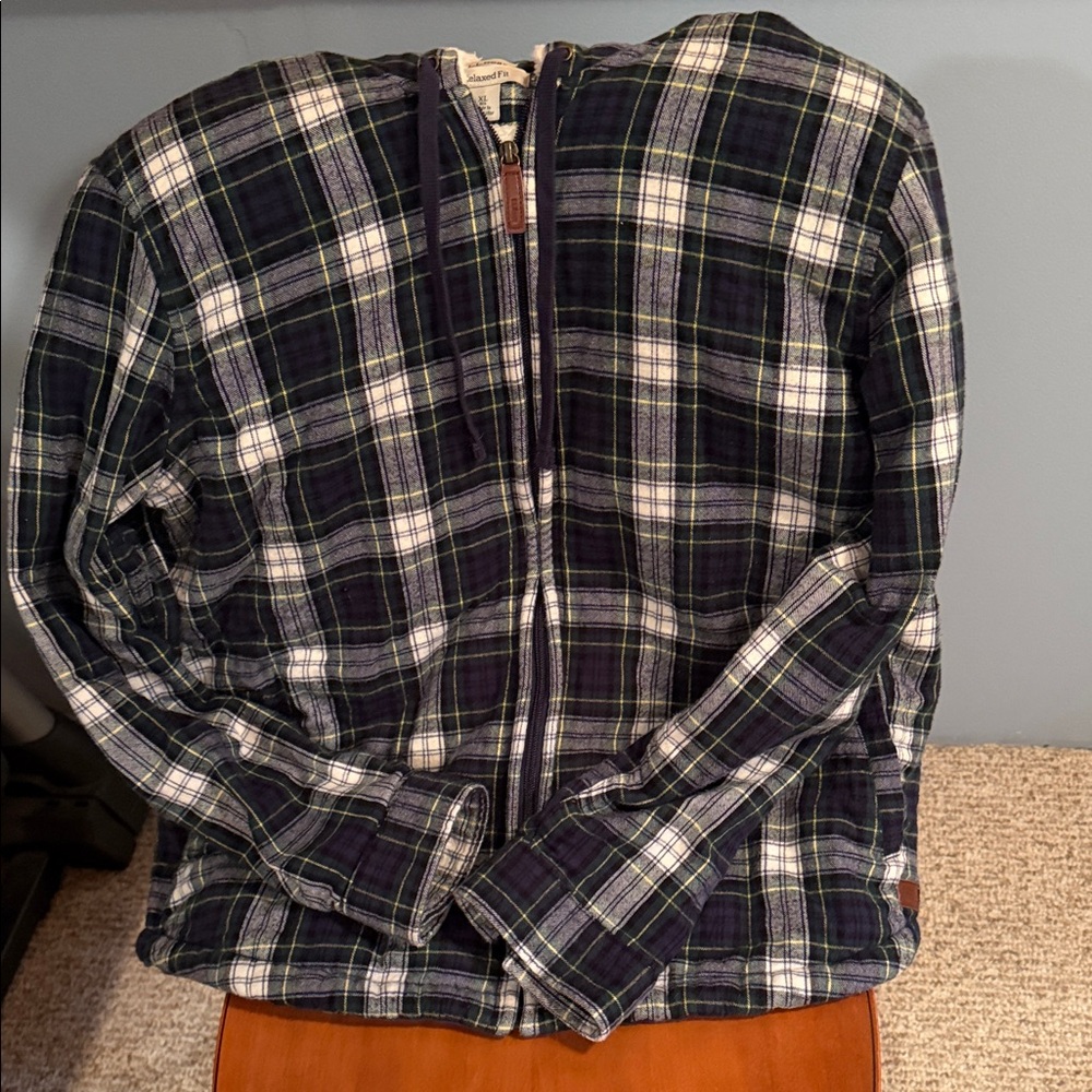 L.L. Bean Navy, White & Green Plaid Flannel Shirt Jacket- Like New!!!